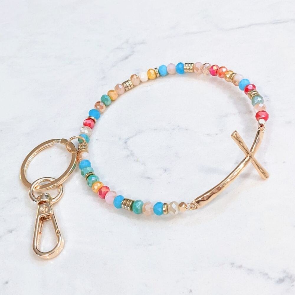 GOLD TONE CROSS Glass Bead Bracelet Style Hoop Key Chain with Closed Hook NEW - Picture 4 of 6